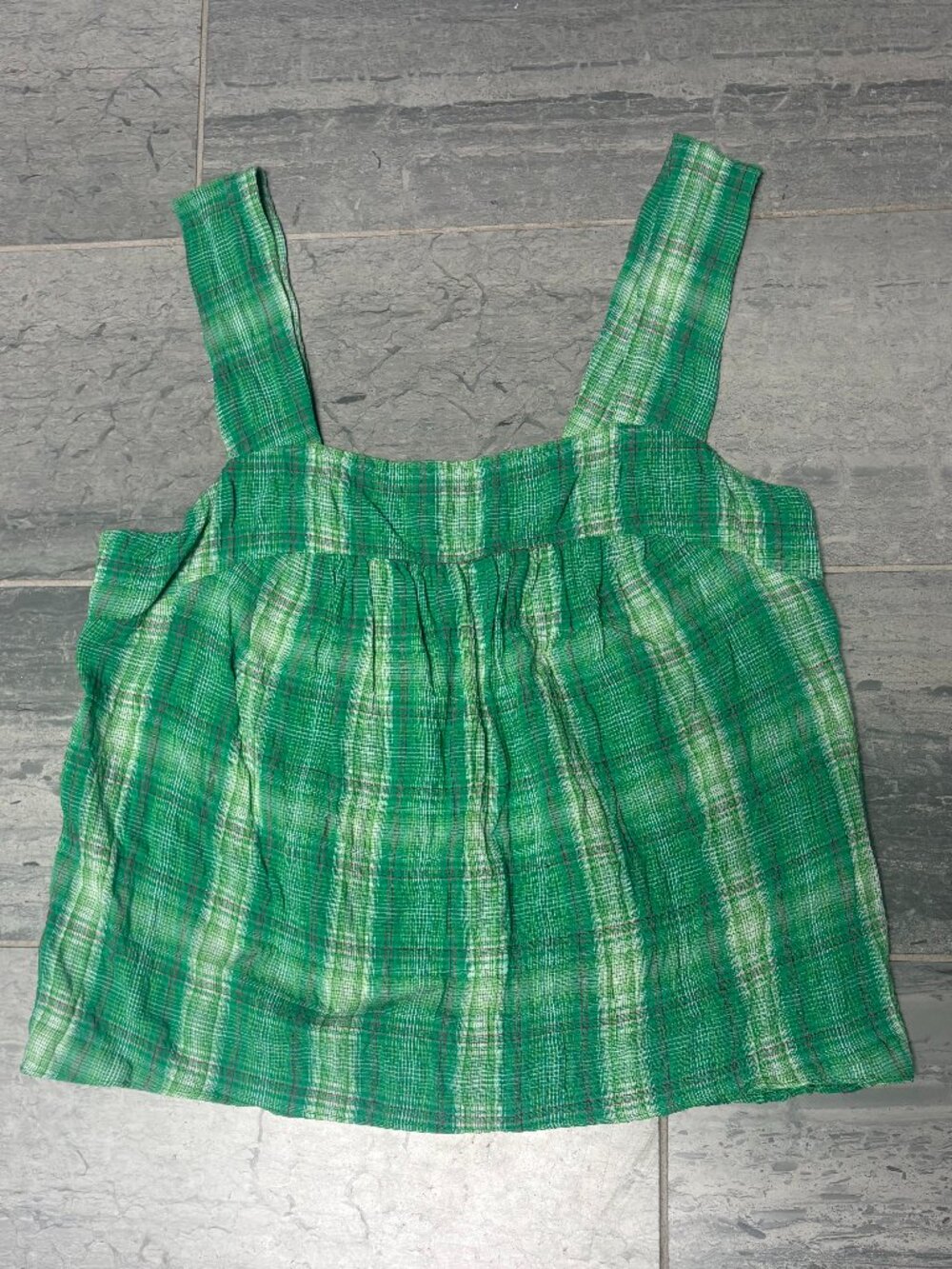 DREW Smocked Back Tank Top Lightweight Summer Top Green Plaid Size Small